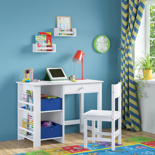 Children's Desk and Chair Playroom Set with Dual Art Storage Cubbies, Side Bookshelves, and Two 10-Inch Floating Bookshelves - White