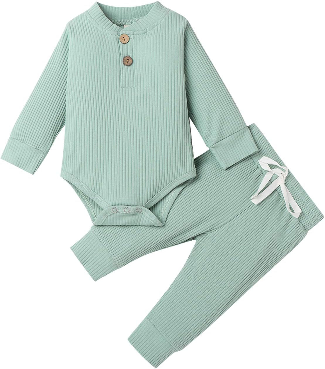 Cozy Ribbed Cotton Long Sleeve Romper & Pants Set for Newborns - Perfect Fall/Winter Outfit