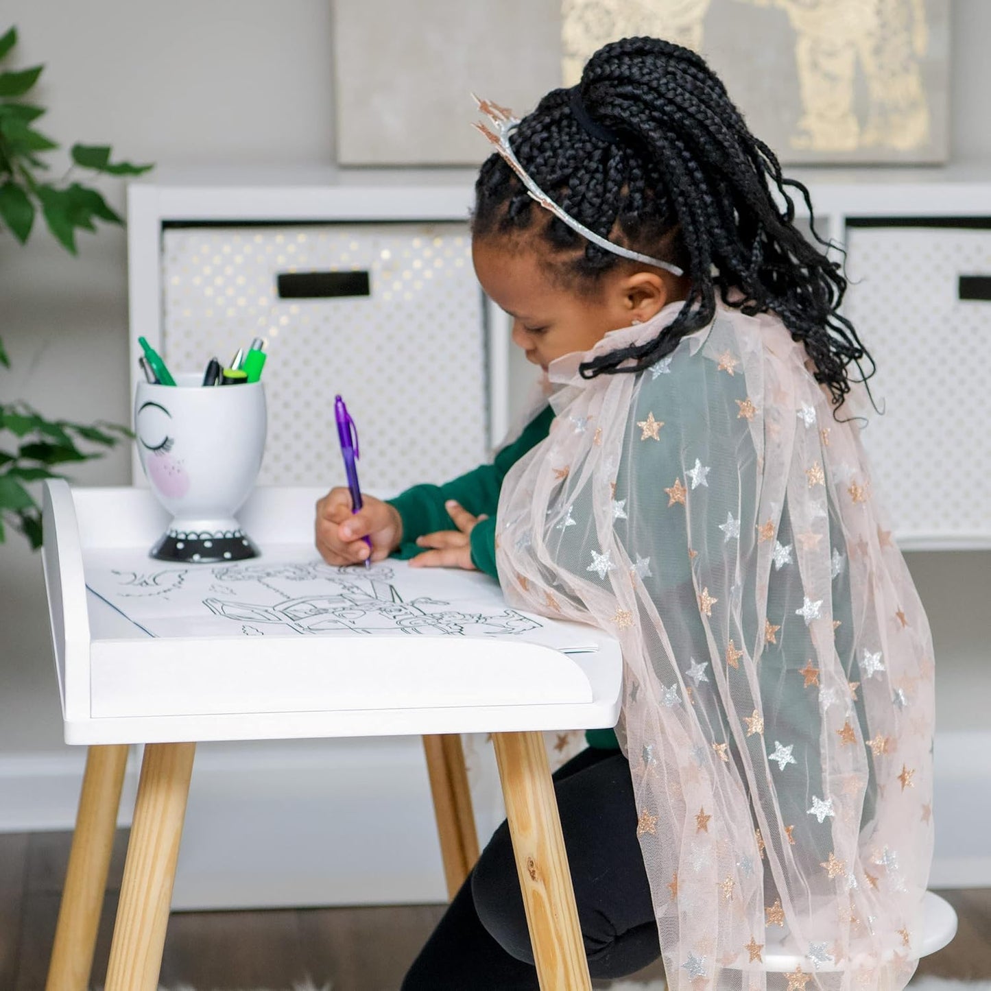 Chic Kids Study Desk and Stool Set - Elegant White with Natural Wood Accents