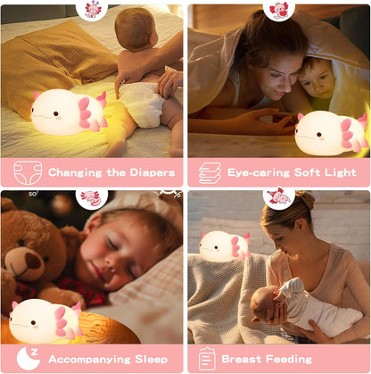 Dimmable Axolotl Night Light - Adorable Silicone Touch Lamp for Nursery, Rechargeable Kawaii Bedside Decor, Perfect Gift for Kids and Girls