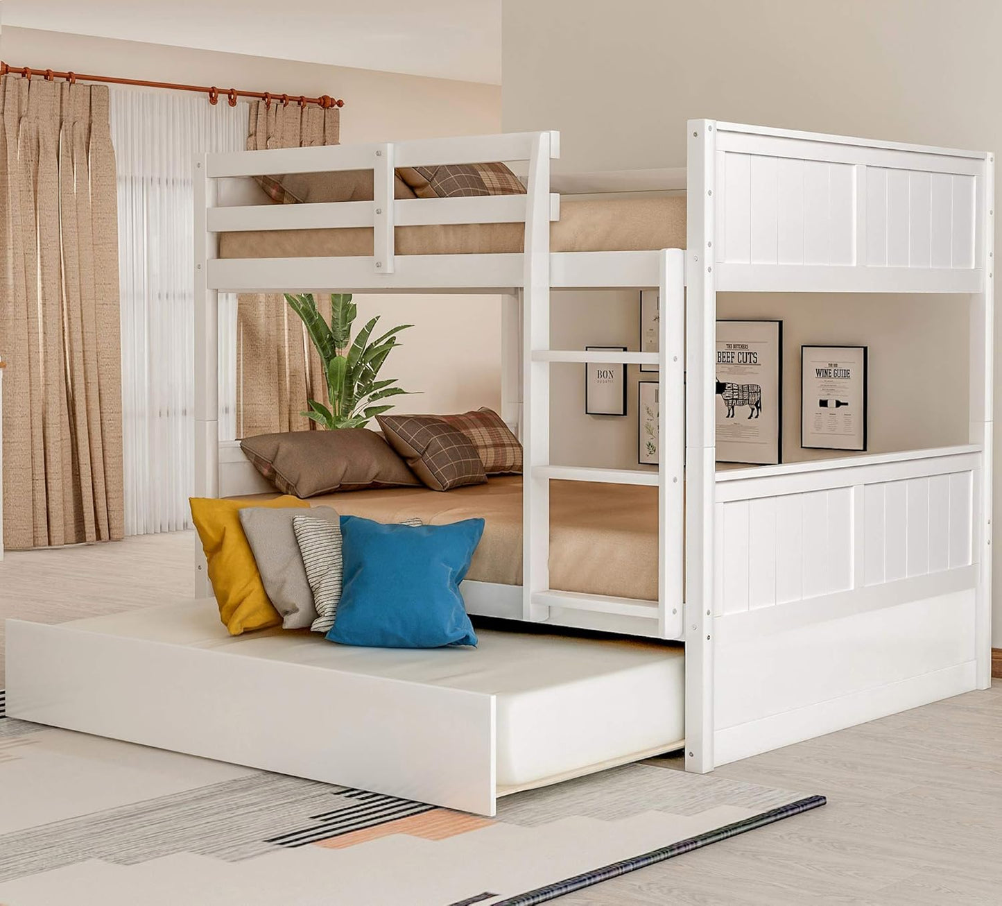 Chic Twin Over Twin Wooden Bunk Bed with Trundle & Storage - Ideal for Kids' Rooms & Guest Areas!