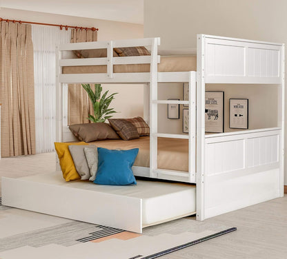 Chic Twin Over Twin Wooden Bunk Bed with Trundle & Storage - Ideal for Kids' Rooms & Guest Areas!