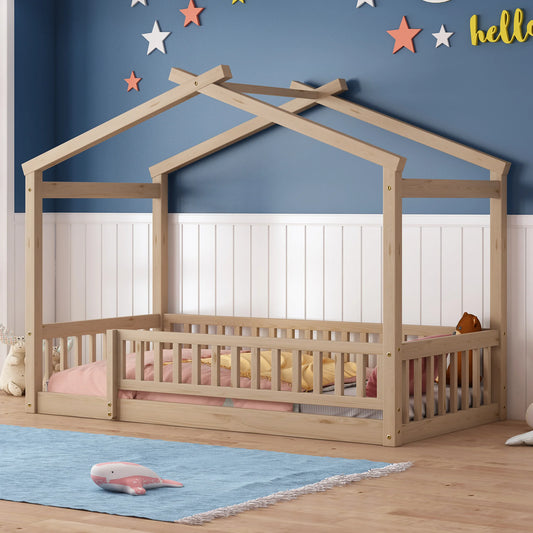 Charming Twin Floor Bed Frame for Toddlers - Safe Wooden Platform with Guardrails and Cozy House Roof Design, No Box Spring Needed, Natural Finish