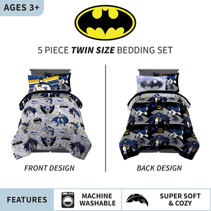 Batman Super Soft 5-Piece Twin Bedding Set - Comforter, Sheets, and Sham for Kids