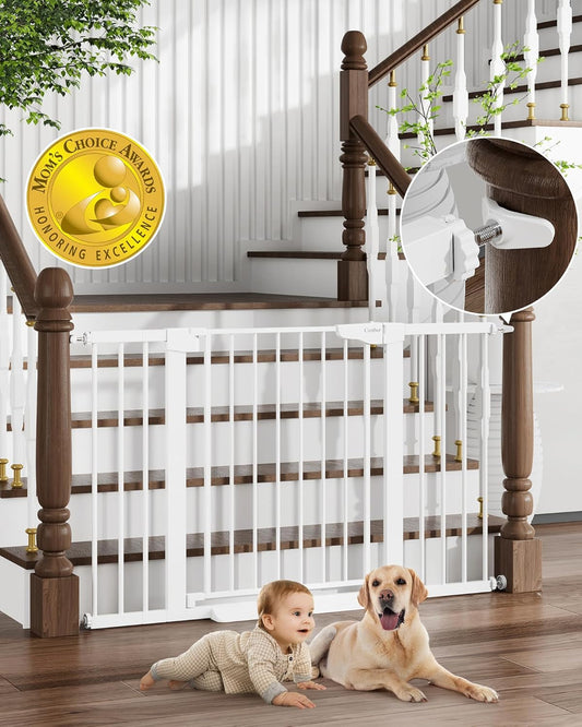 Extra Wide Baby Gate 29.7-51.5" - Award-Winning Safety Dog Gate for Stairs & Doorways, Easy Walk-Thru Auto Close Design, Includes 4 Wall Cups, Stylish White Finish