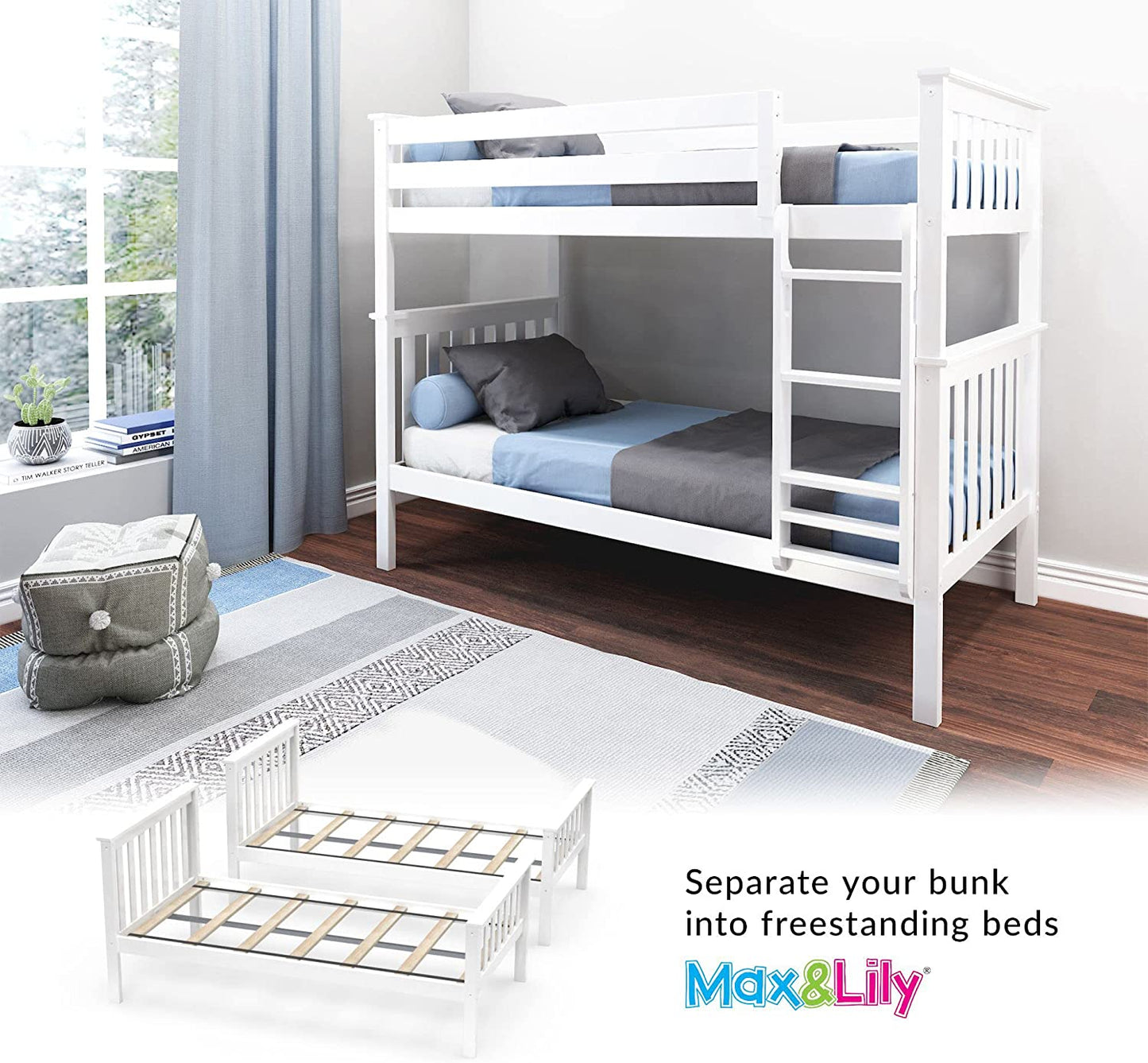 Stylish Solid Wood Twin Over Twin Bunk Bed with Ladder and Safety Guardrails - Easy Assembly, No Box Spring Required, White Finish