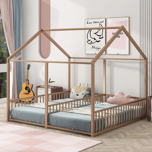 Stylish Gold Double Twin Metal Floor Bed - Montessori-Inspired Shared Platform Bed for Kids and Teens