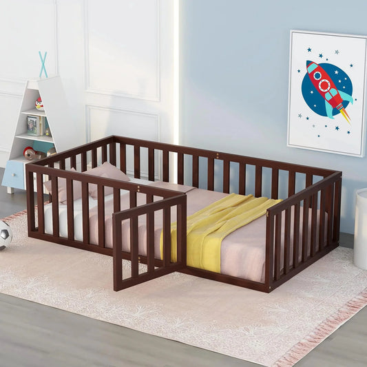 Stylish Twin Size Toddler Floor Bed Frame in Pine Wood with Safety Fence and Door - Walnut Finish