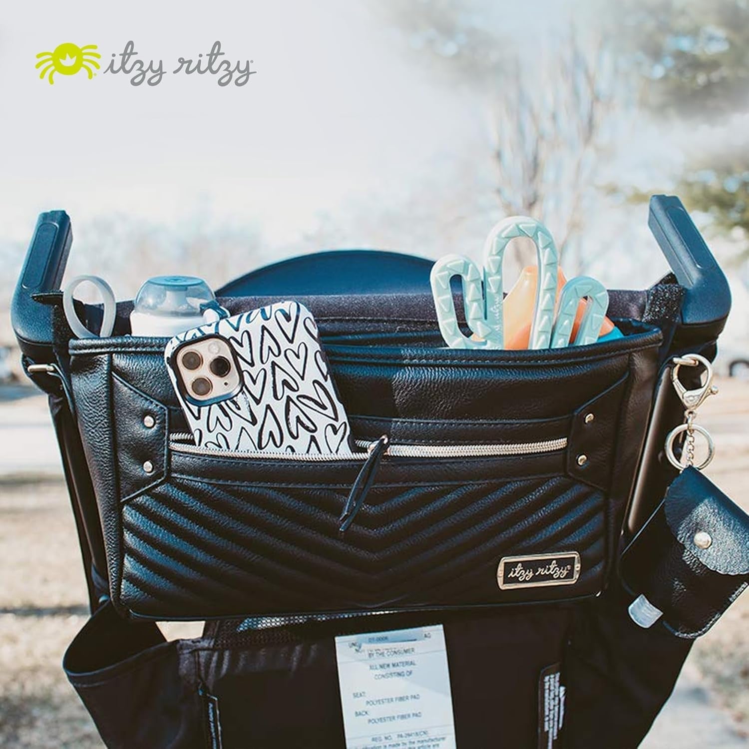 Stylish Adjustable Stroller Organizer with Zippered Pocket & Straps - Black with Gold Hardware