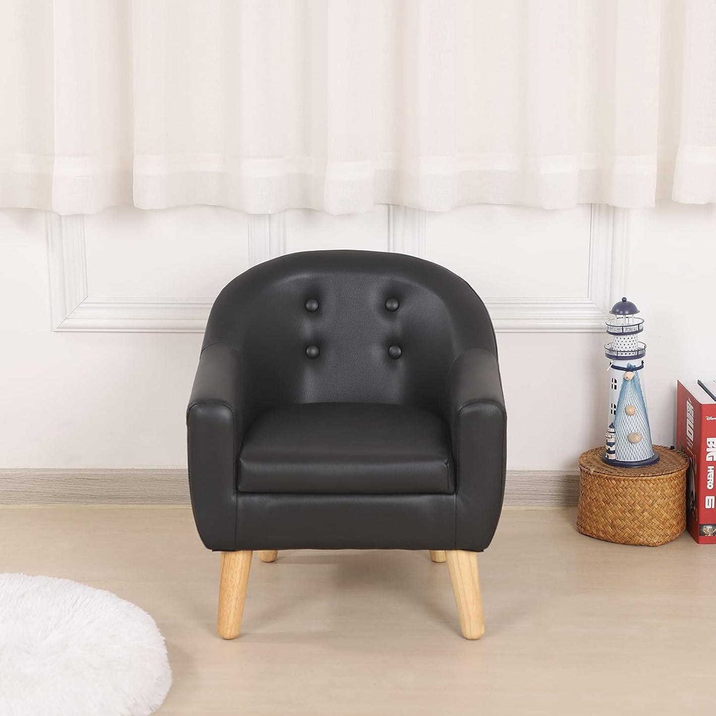 Chic Black PVC Toddler Armchair with Durable Wooden Legs - Ideal Kids' Sofa Chair