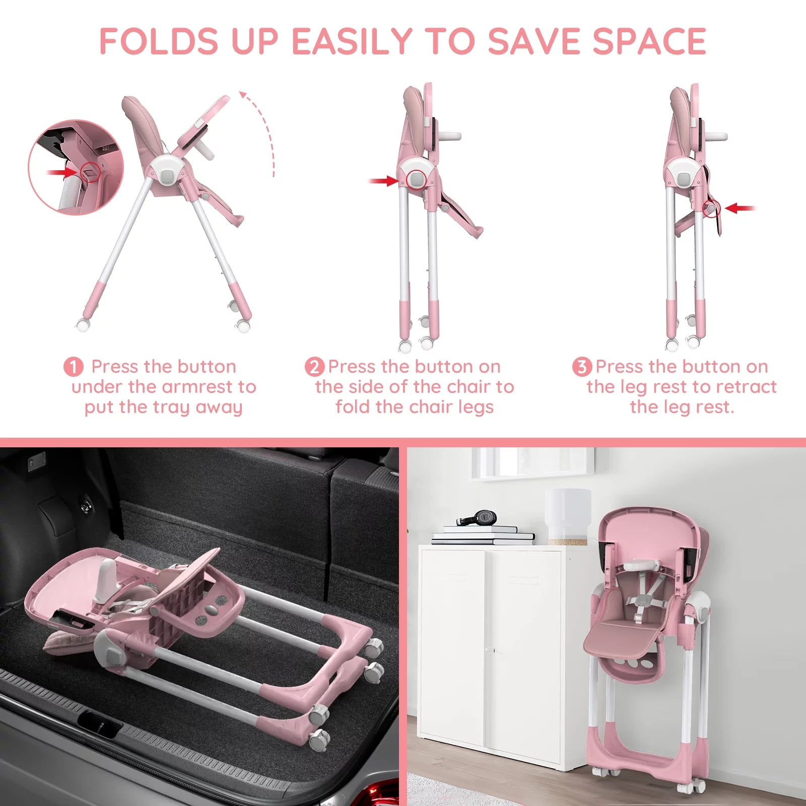 Stylish Pink Foldable High Chair for Toddlers with Adjustable Seat Height and 4 Wheels