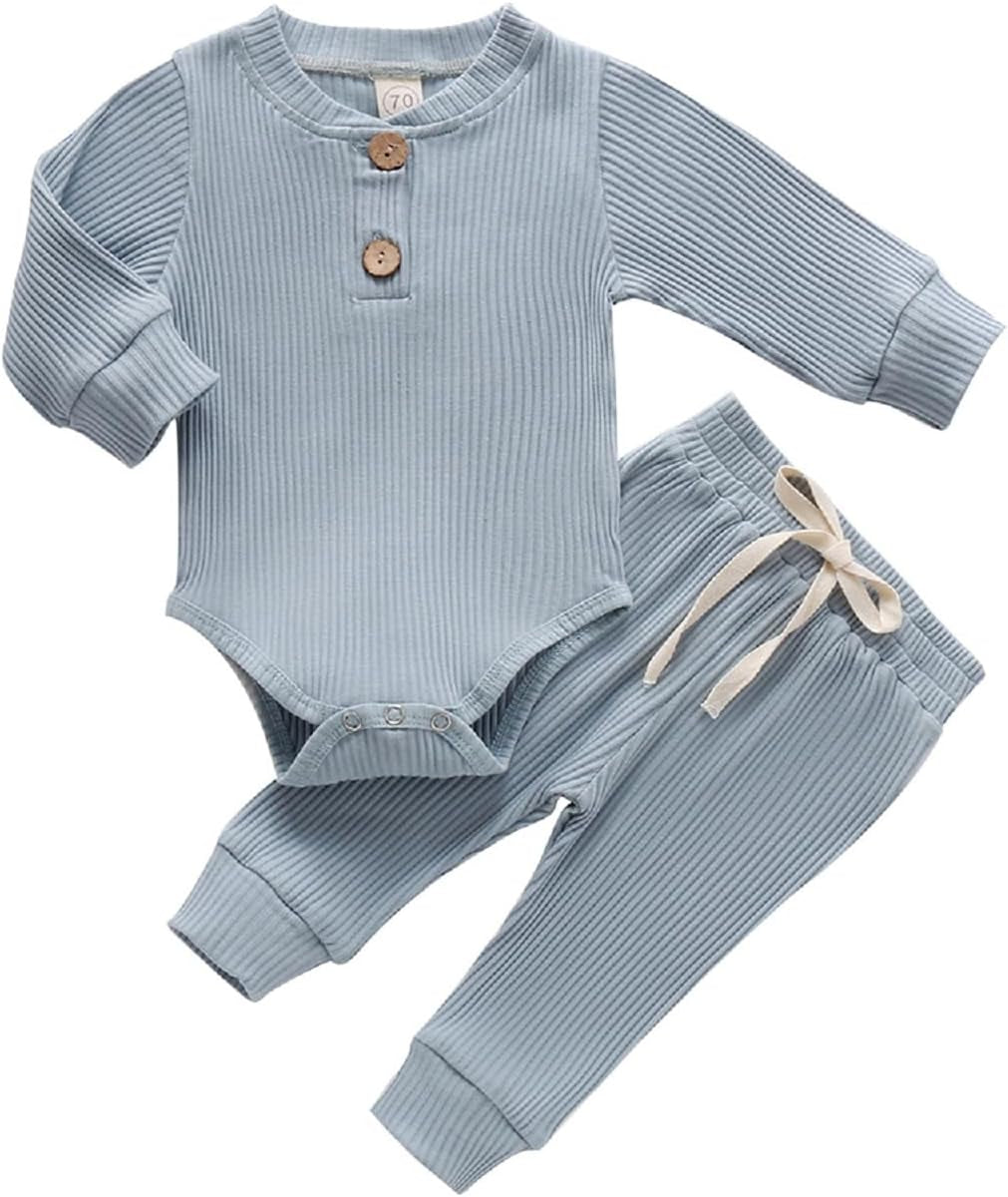 Cozy Ribbed Cotton Long Sleeve Romper & Pants Set for Newborns - Perfect Fall/Winter Outfit