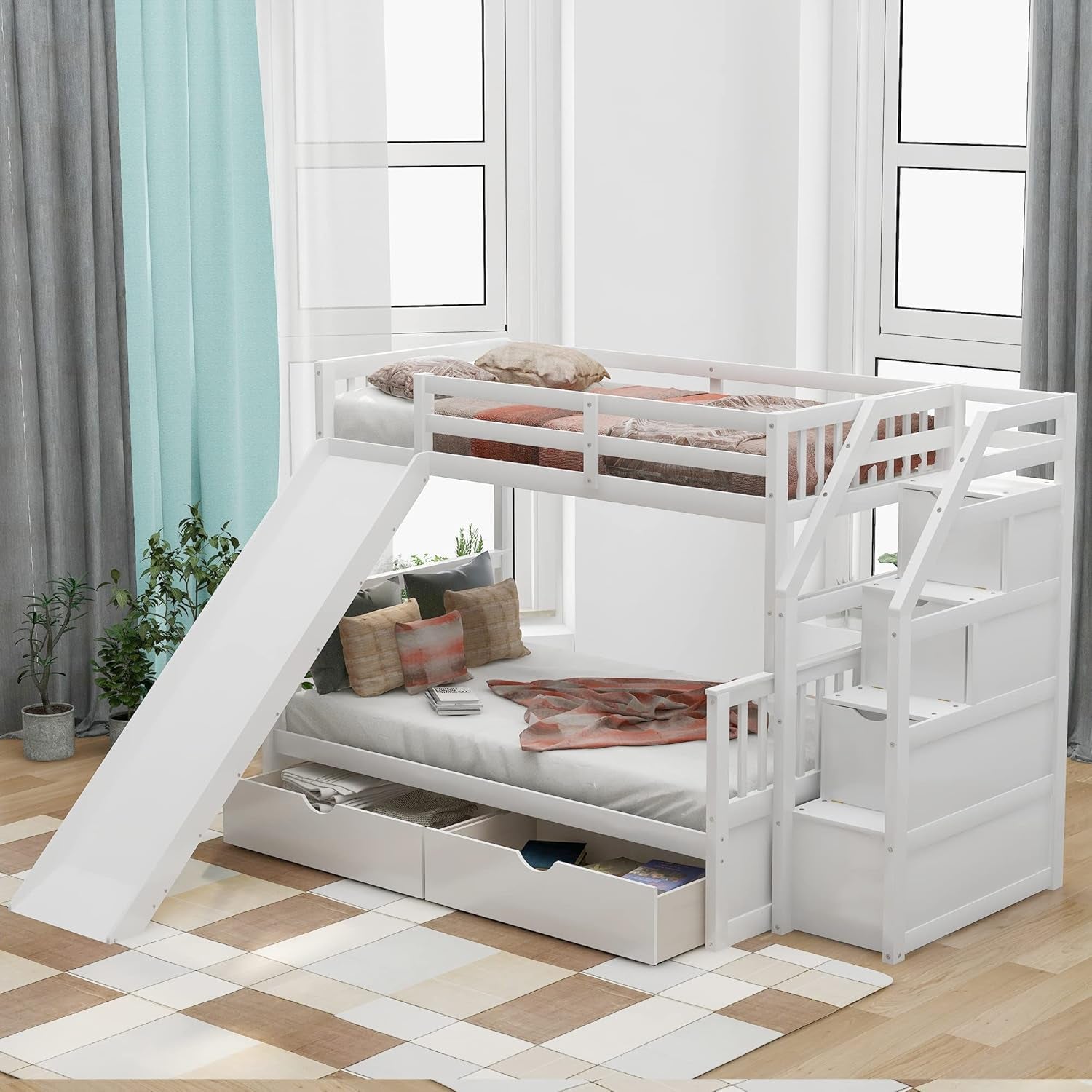 Twin over Full Convertible Bunk Bed with Slide, Solid Wood Frame, Storage Staircase, and Drawers in White