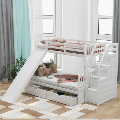 Twin over Full Convertible Bunk Bed with Slide, Solid Wood Frame, Storage Staircase, and Drawers in White