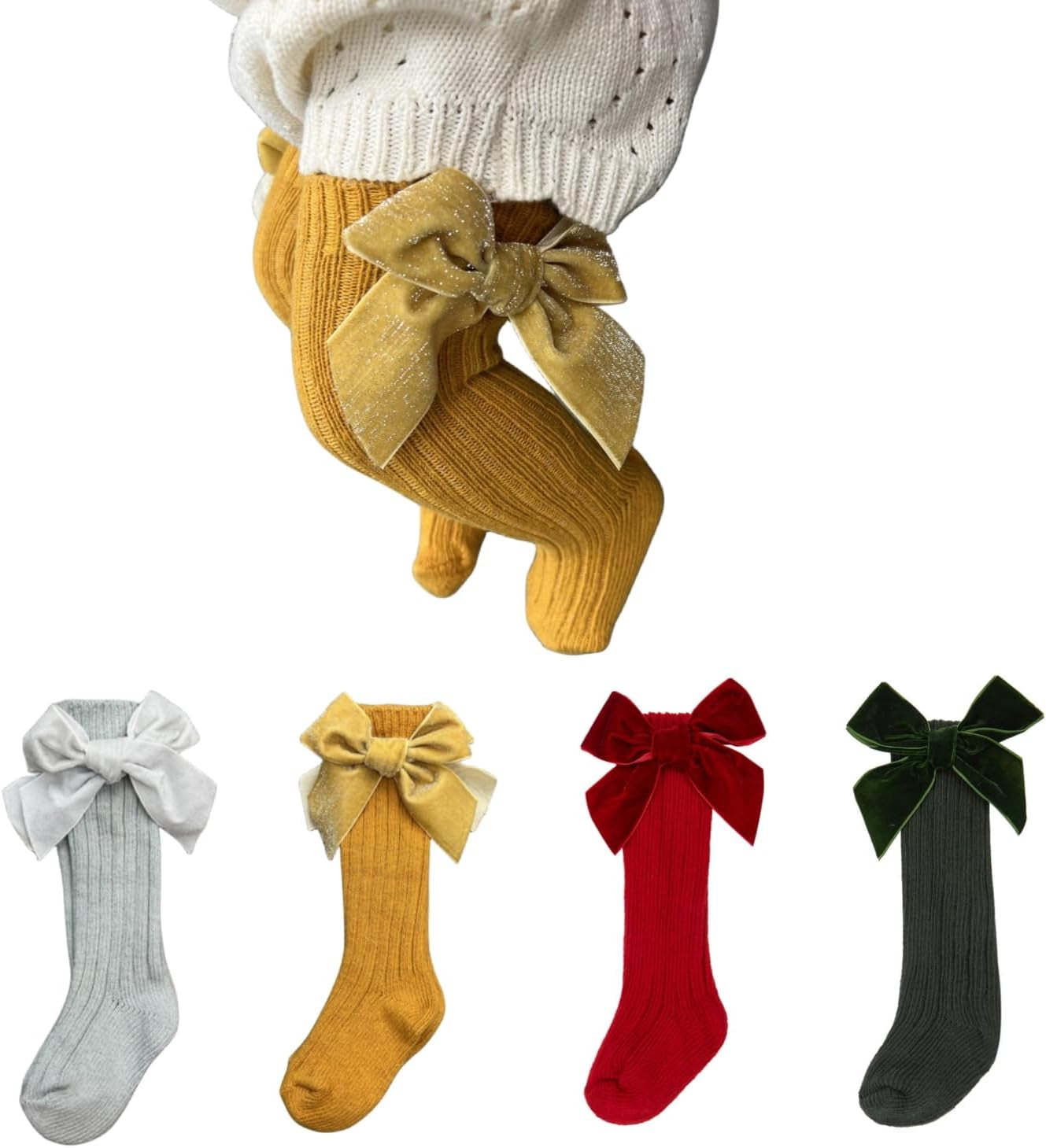 Adorable 4-Pack Knee High Socks for Baby Girls - Soft Cotton Bow Knit Stockings with Cute Ruffled Design for Infants and Toddlers