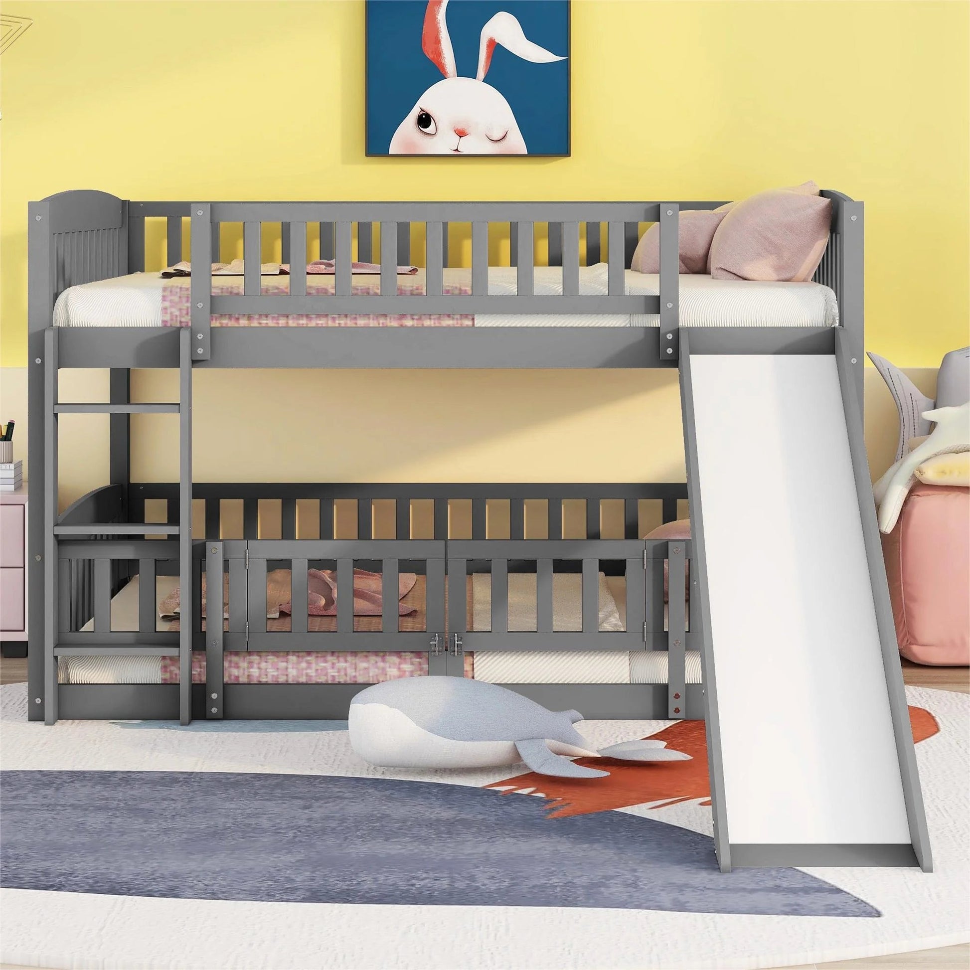 Stylish Twin Over Twin Kids Bunk Bed with Fun Slide and Ladder - Safe Low Design for Toddlers and Children in White