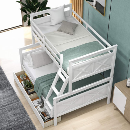 Stylish Convertible Twin over Full Bunk Bed with Storage Drawers, Ladder, and Safety Guardrail - Elegant White Finish