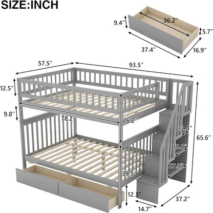 Stylish Grey Full Over Full Wooden Bunk Bed with Stairway Steps and Dual Drawers - Perfect for Kids!