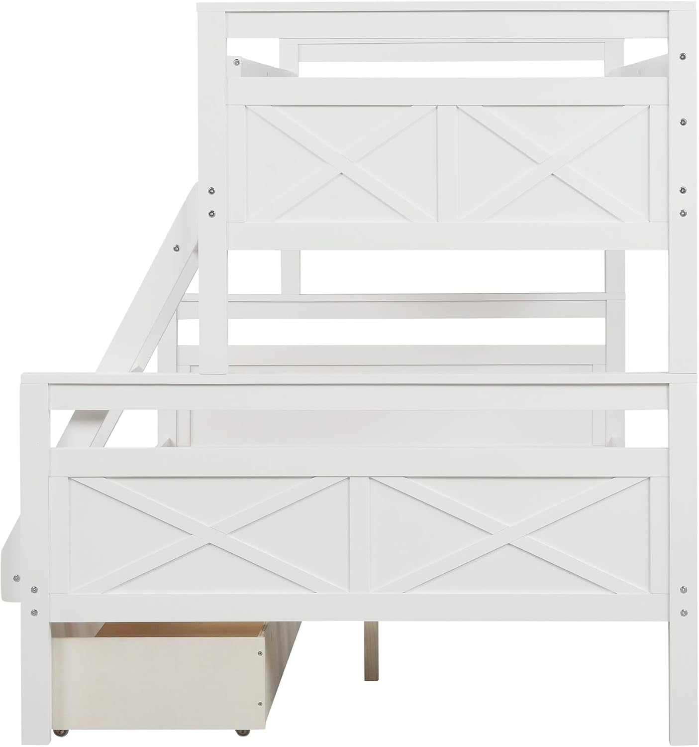 Stylish Convertible Twin over Full Bunk Bed with Storage Drawers, Ladder, and Safety Guardrail - Elegant White Finish