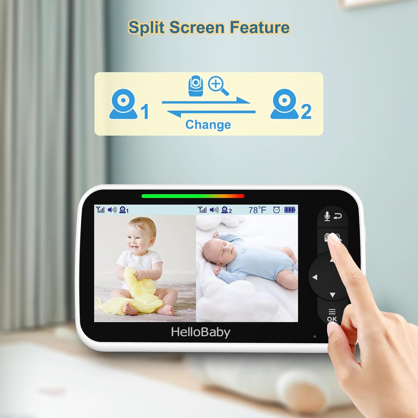 Dual Camera Video Baby Monitor with 5-Inch Split Screen Display, Remote-Controlled Cameras, Night Vision, and Temperature Monitoring