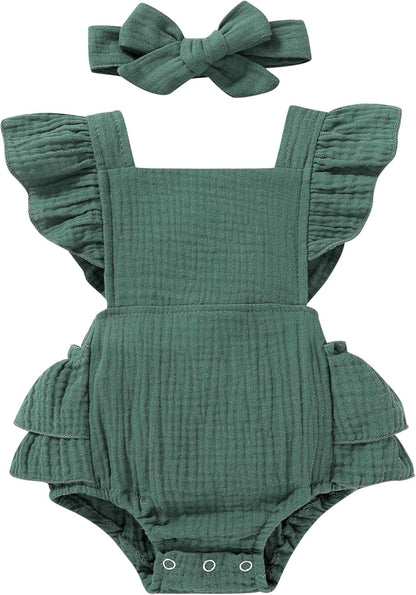 Adorable Ruffled Sleeveless Summer Romper for Toddler Girls - Soft Cotton Linen Comfort