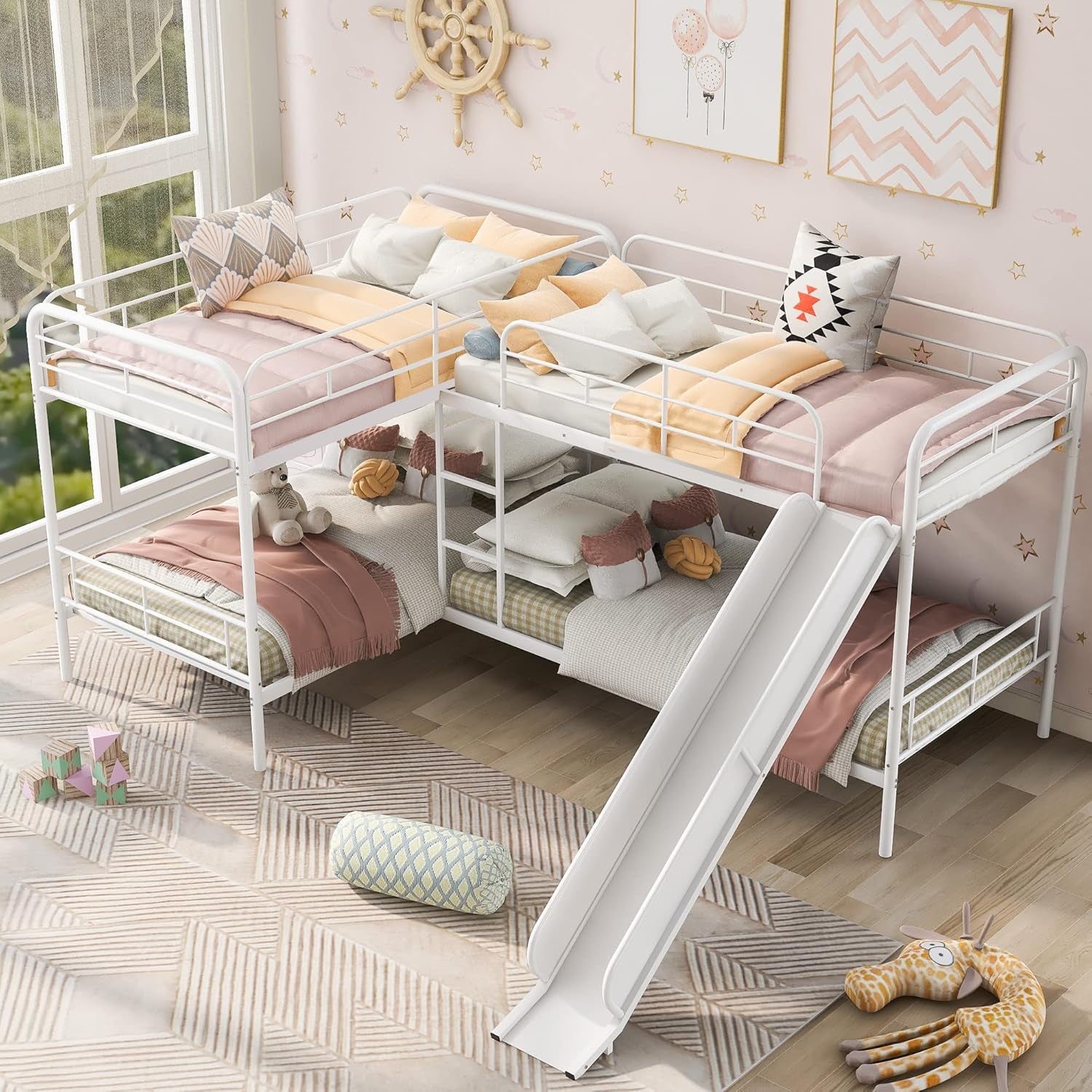 L-Shaped Twin Metal Bunk Bed with Slide - Fun & Space-Saving Design for Kids, Accommodates Up to 4, No Box Spring Needed!