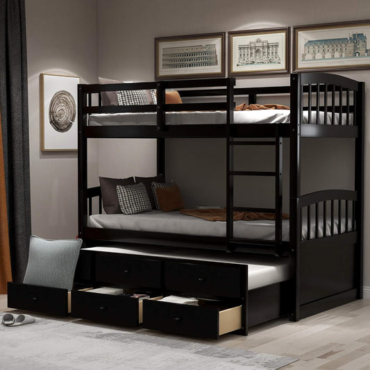 Chic Twin Over Twin Wooden Bunk Bed with Trundle & Storage - Ideal for Kids' Rooms & Guest Areas!