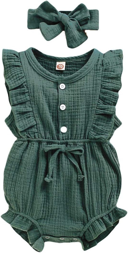 Adorable Ruffled Sleeveless Summer Romper for Toddler Girls - Soft Cotton Linen Comfort