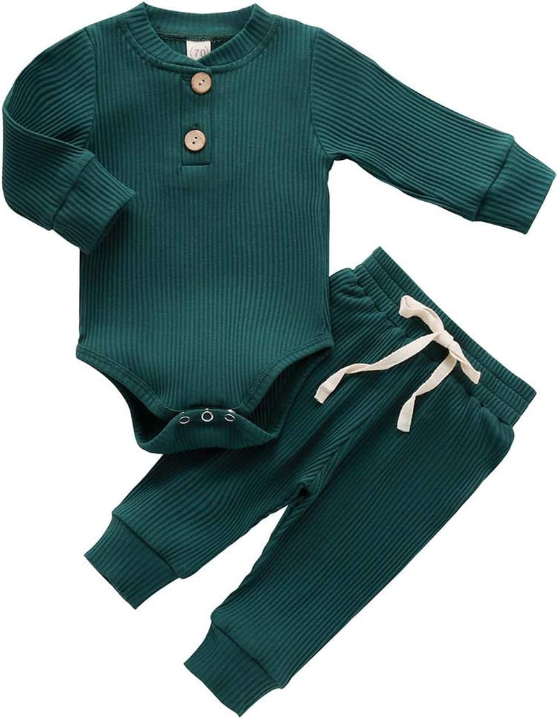 Cozy Ribbed Cotton Long Sleeve Romper & Pants Set for Newborns - Perfect Fall/Winter Outfit