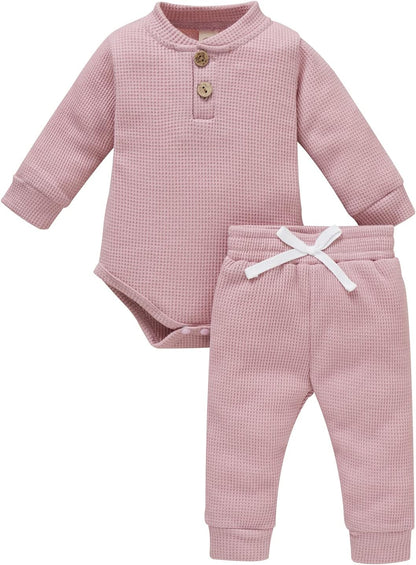 Cozy Ribbed Cotton Long Sleeve Romper & Pants Set for Newborns - Perfect Fall/Winter Outfit