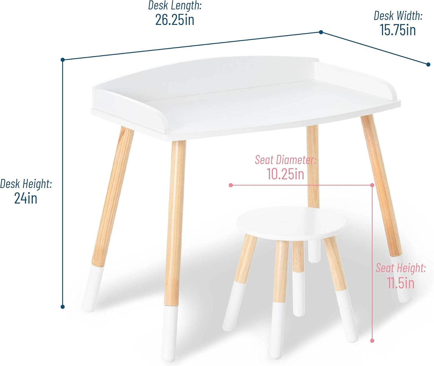 Chic Kids Study Desk and Stool Set - Elegant White with Natural Wood Accents