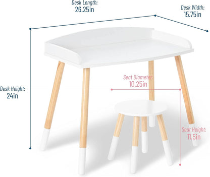 Chic Kids Study Desk and Stool Set - Elegant White with Natural Wood Accents