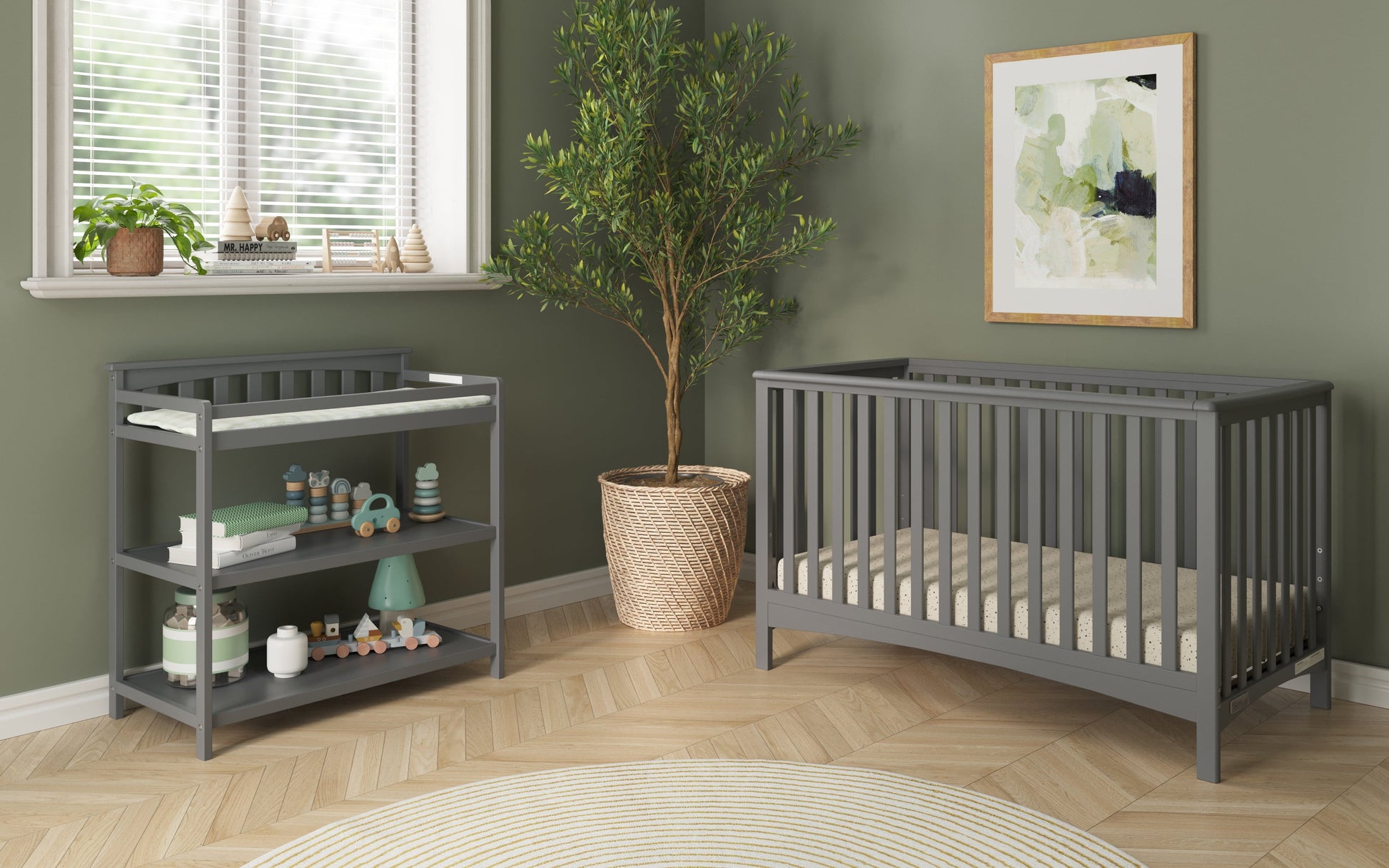 London 4-Piece Nursery Set - Stylish 4-in-1 Convertible Crib, Changing Table, Toddler Guard Rail, and Full-Size Bed Rail in Cool Gray for Lasting Growth