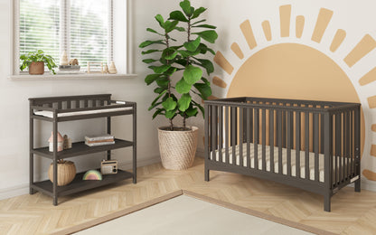 London 4-Piece Nursery Set - Stylish 4-in-1 Convertible Crib, Changing Table, Toddler Guard Rail, and Full-Size Bed Rail in Cool Gray for Lasting Growth