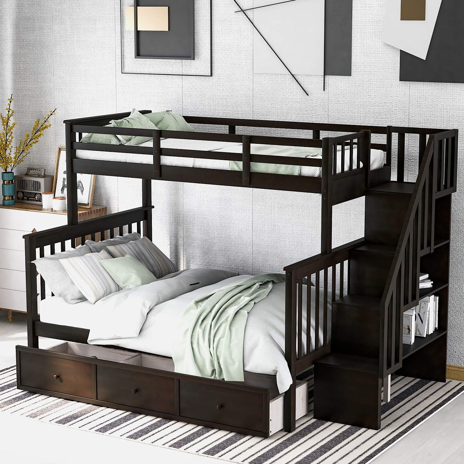 Stylish Twin Over Full Bunk Bed with Convenient Stairway and Smart Storage Solutions