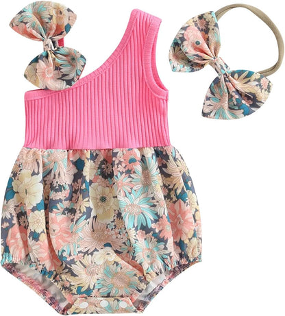 Baby Girls Floral Daisy Playsuit with Headband - Summer Halter Romper and Bodysuit