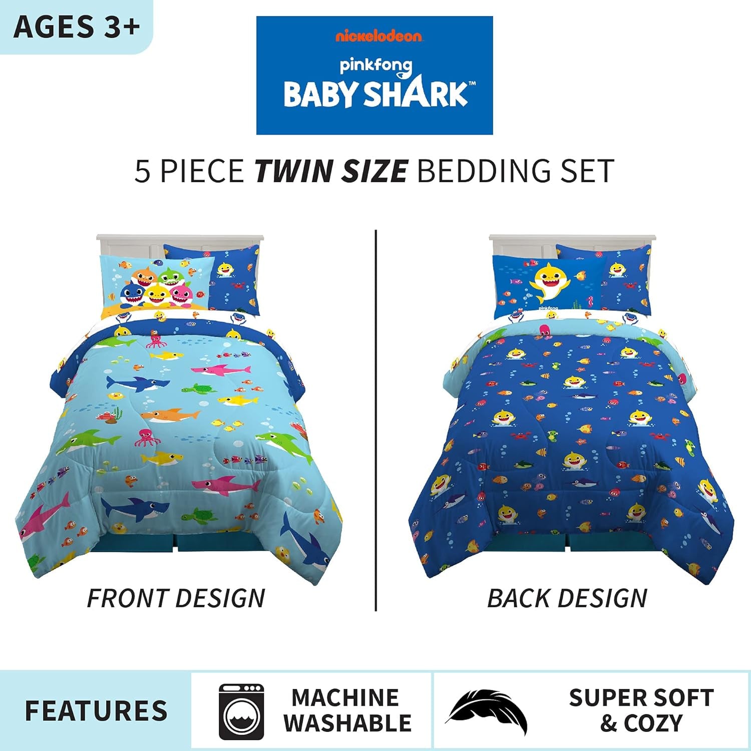 Baby Shark 5-Piece Twin Bedding Set - Super Soft Comforter, Sheets & Sham for Kids