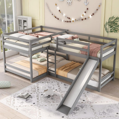 Stylish L-Shaped Quad Bunk Bed with Slide - Sturdy Wood Frame for Full & Twin Sizes - Ideal for Kids, Teens & Adults in Grey