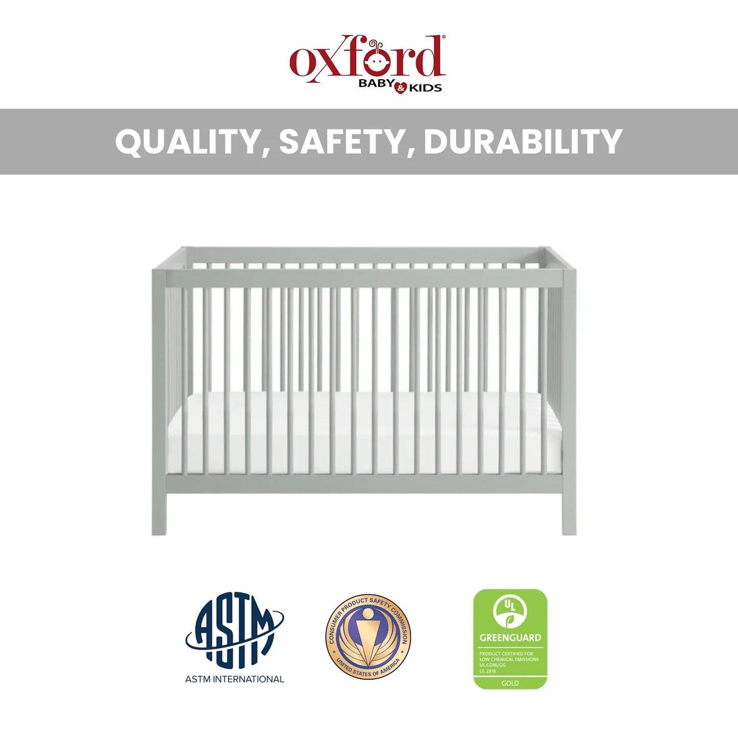 Stylish Gray 4-in-1 Convertible Crib with Round Spindles - Essential Island Full-Size Design