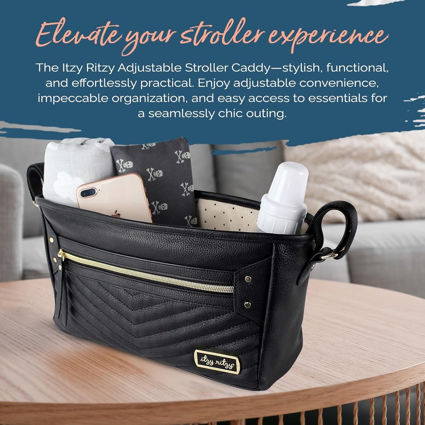 Stylish Adjustable Stroller Organizer with Zippered Pocket & Straps - Black with Gold Hardware