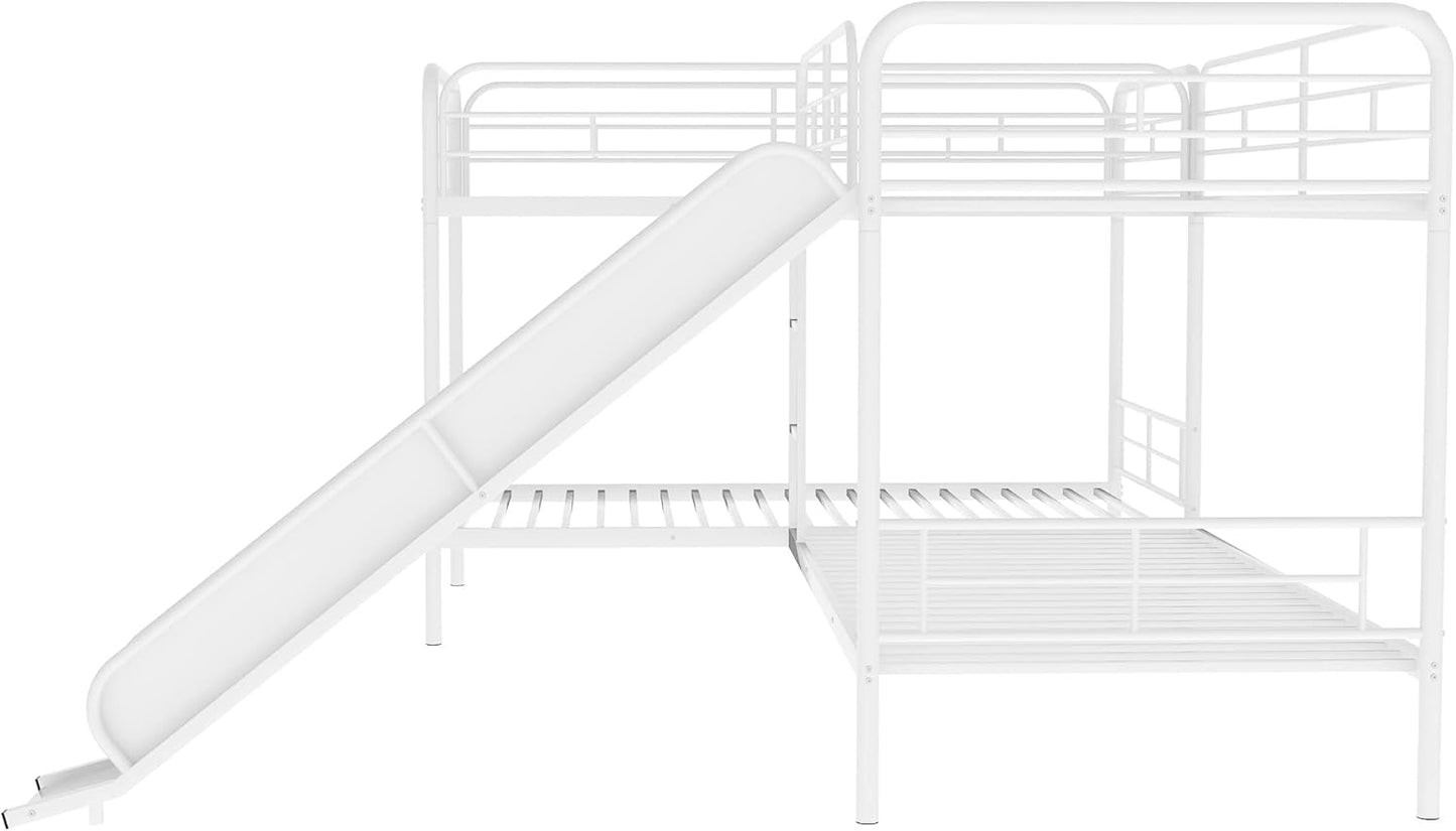 L-Shaped Twin Metal Bunk Bed with Slide - Fun & Space-Saving Design for Kids, Accommodates Up to 4, No Box Spring Needed!