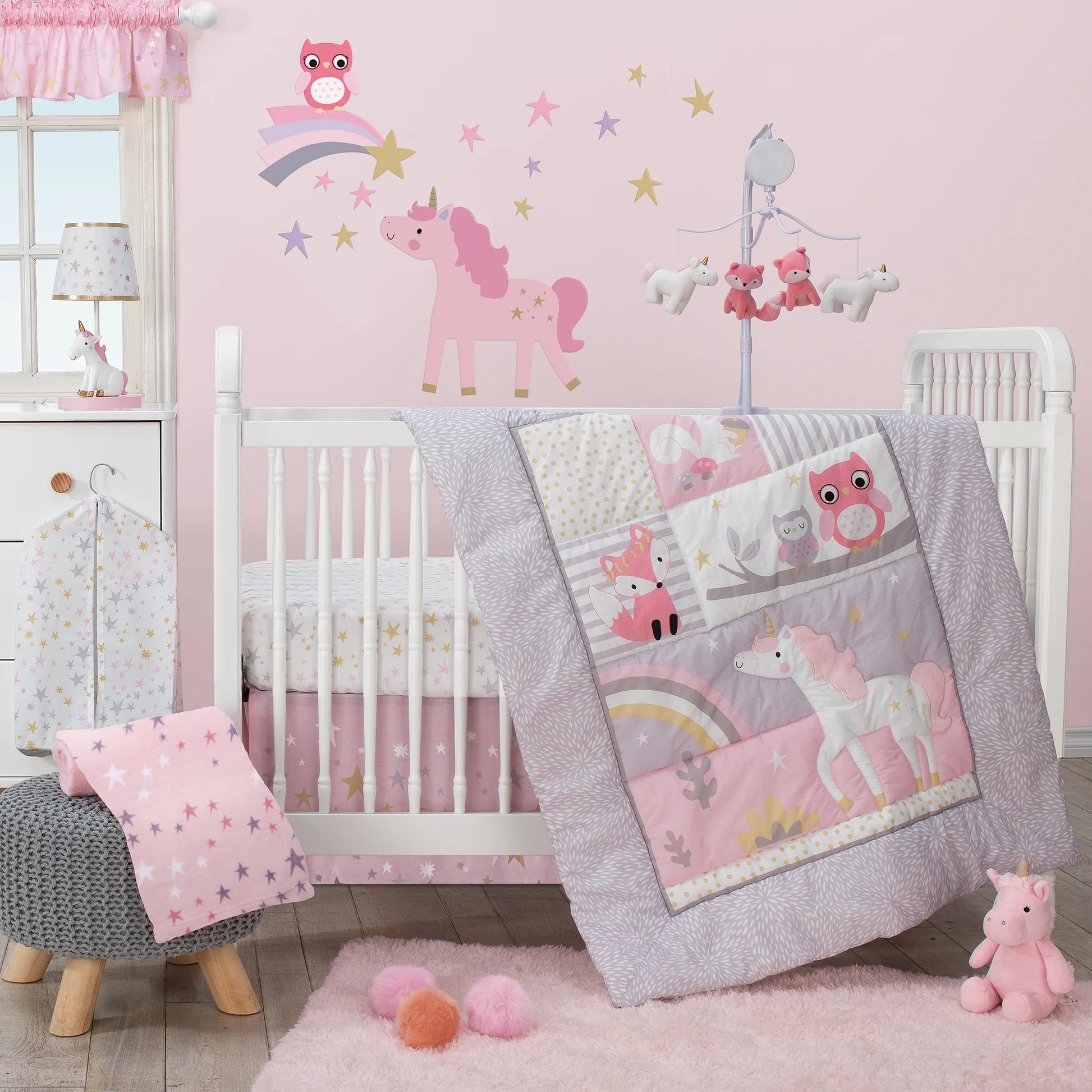 Enchanting Rainbow Unicorn 3-Piece Crib Bedding Set in Pink and Purple