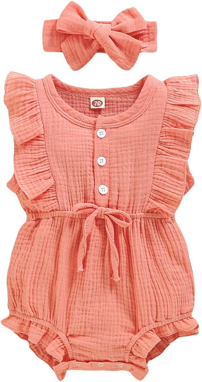 Adorable Ruffled Sleeveless Summer Romper for Toddler Girls - Soft Cotton Linen Comfort