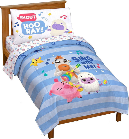 Moonbug Little Baby Bum Sing with Me 4-Piece Toddler Bed Set - Ultra-Soft Microfiber Comforter & Sheet Set for Cozy Sleep (Official Moonbug Product)