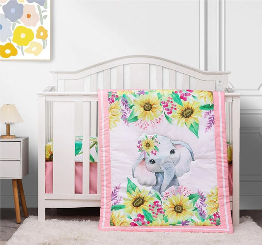 Adorable Pink Cartoon Elephant 3-Piece Crib Bedding Set for Girls - Crib Sheet, Skirt, and Quilt Included!