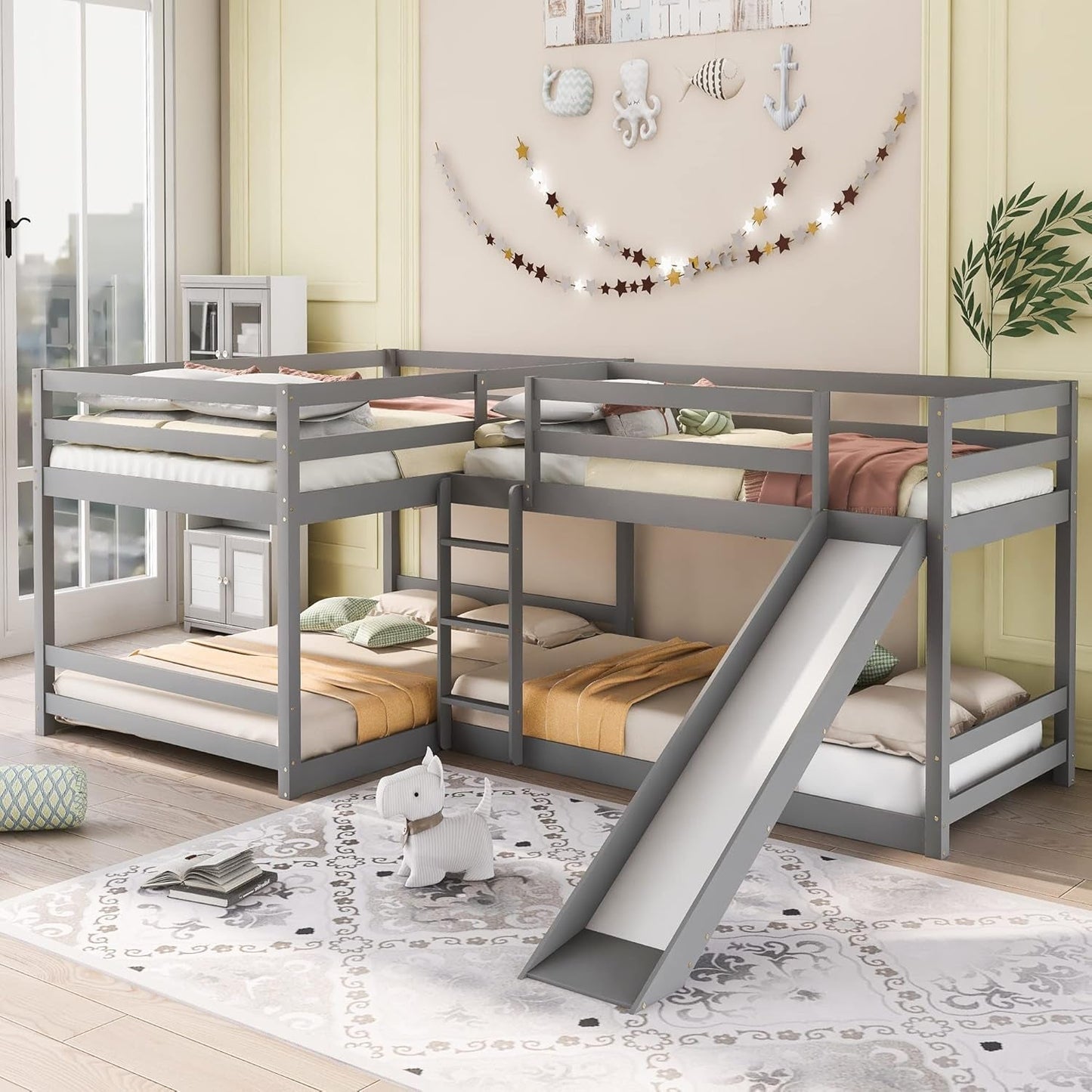 Stylish L-Shaped Quad Bunk Bed with Slide - Sturdy Wood Frame for Full & Twin Sizes - Ideal for Kids, Teens & Adults in Grey