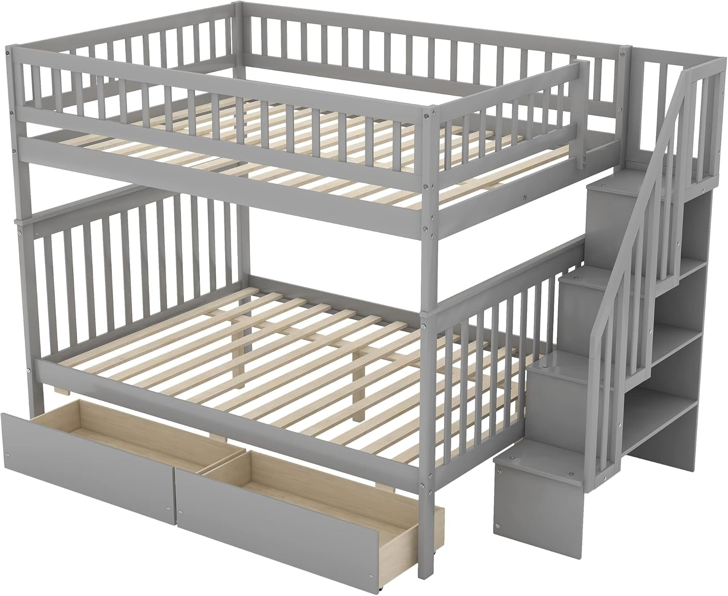 Stylish Grey Full Over Full Wooden Bunk Bed with Stairway Steps and Dual Drawers - Perfect for Kids!