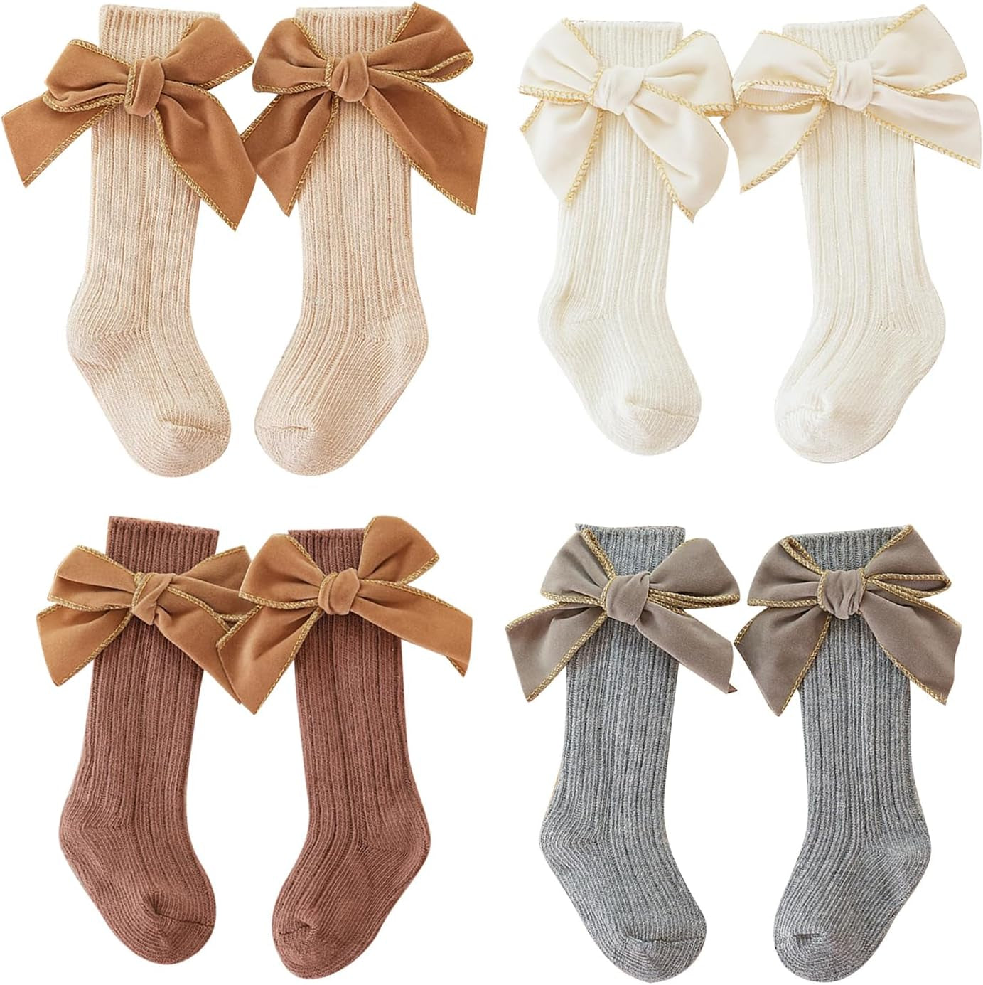 Adorable 4-Pack Knee High Socks for Baby Girls - Soft Cotton Bow Knit Stockings with Cute Ruffled Design for Infants and Toddlers