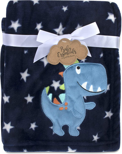 Cozy Blue Dino Plush Fleece Throw & Baby Blanket Set for Boys and Girls - 30x36 inches