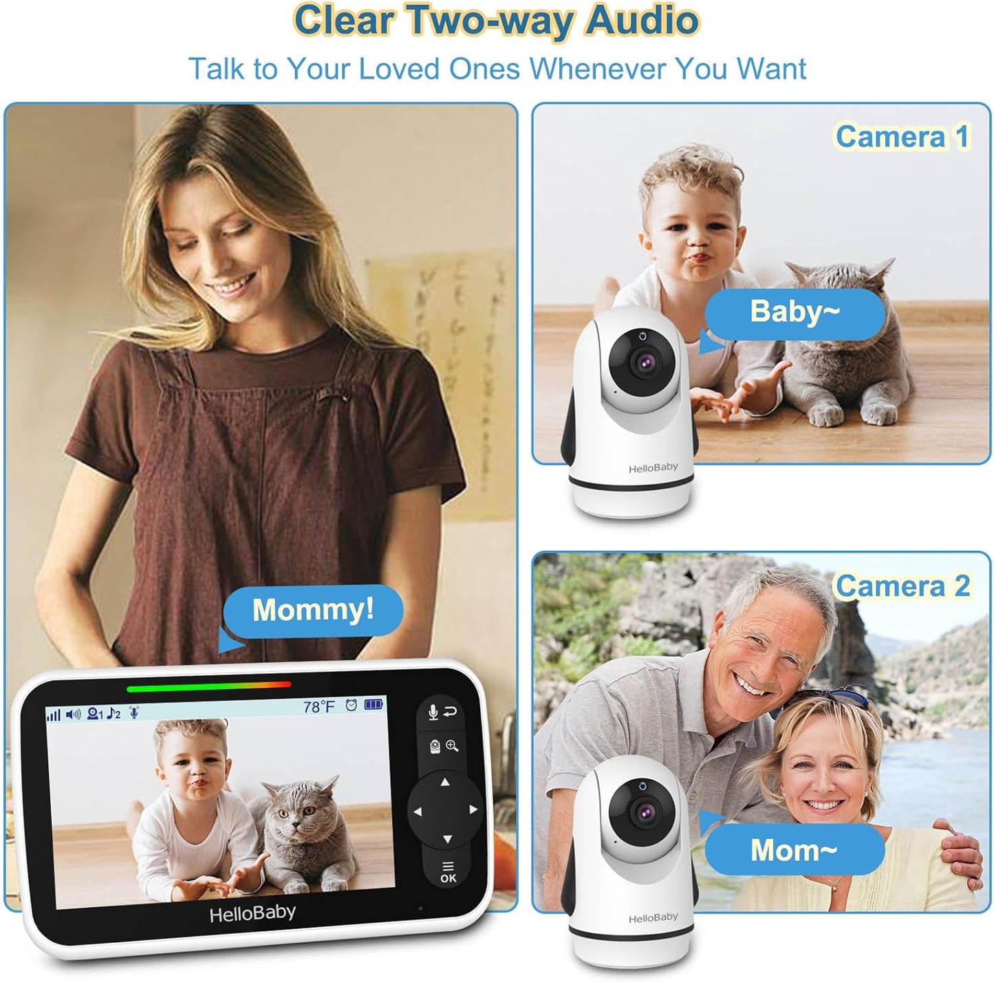 Dual Camera Video Baby Monitor with 5-Inch Split Screen Display, Remote-Controlled Cameras, Night Vision, and Temperature Monitoring